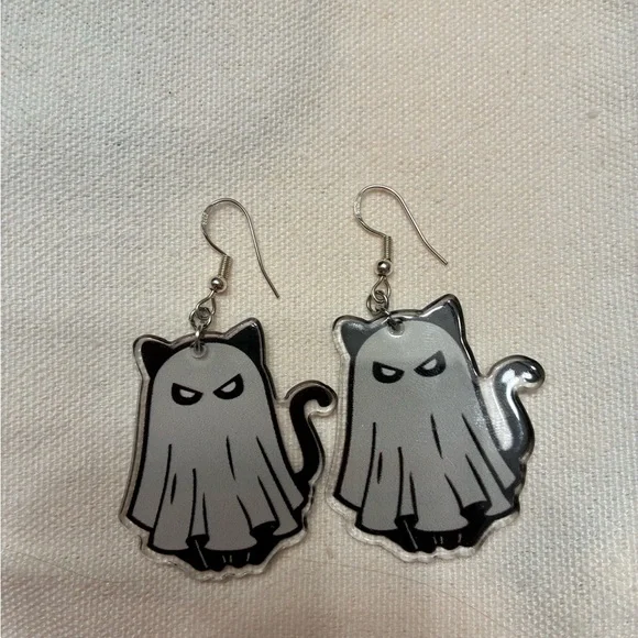 Ghost Cat Dangle Earrings - Gray - Picture 2 of 2